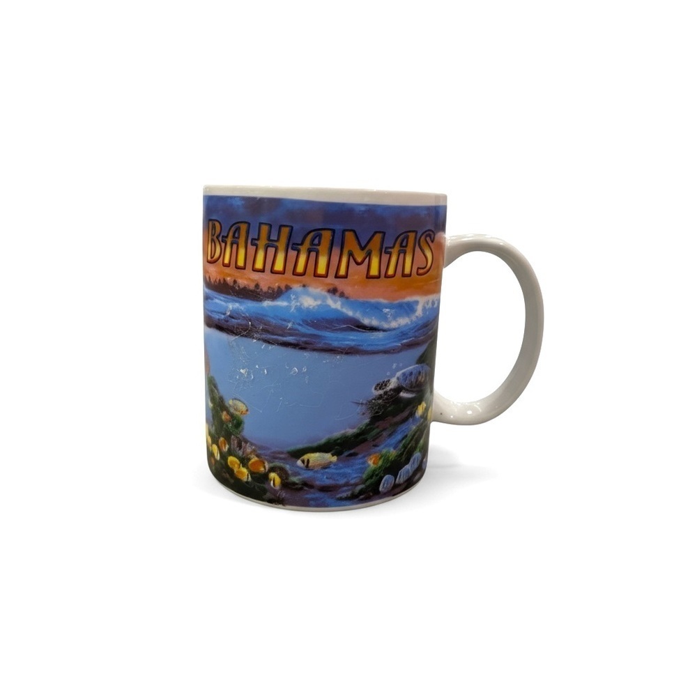 BAHAMAS Vintage Coffee Mug Blue and White Ocean Dolphin Scene